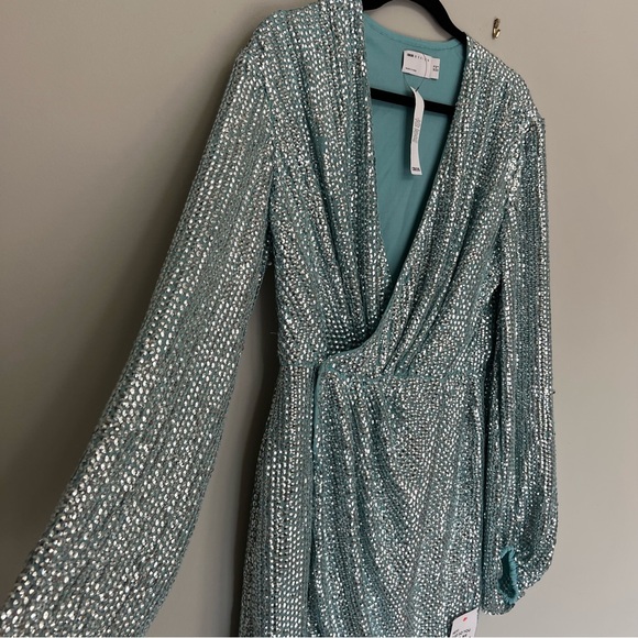 New ASOS DESIGN Wrap Mini Dress with Volume Sleeve in Mint Sequin - Picture 9 of 14